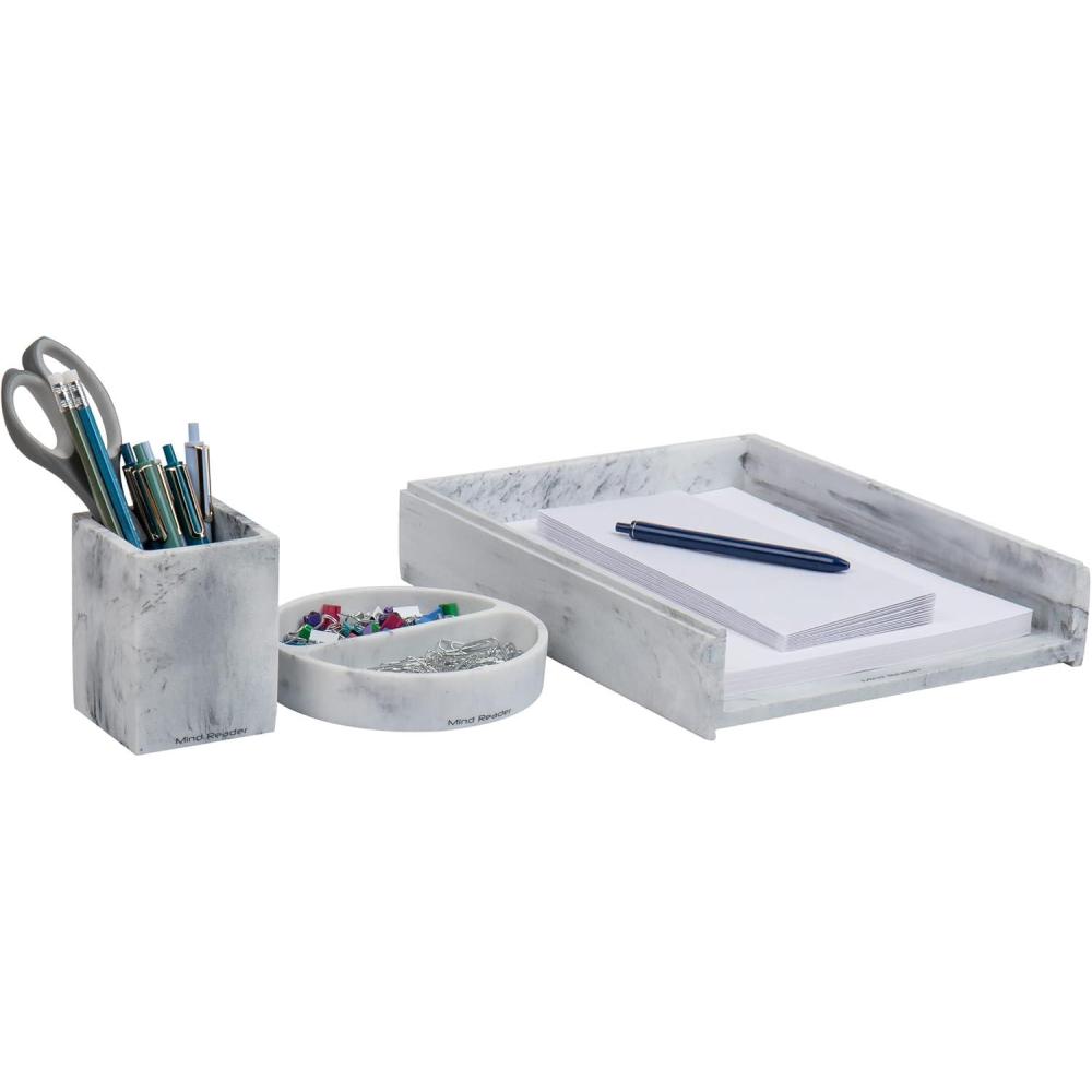 imageMind Reader Desktop Set 3 Pcs Pen Cup CatchAll Dish Paper Tray Office Resin 1025 L x 1225 W x 25 H White