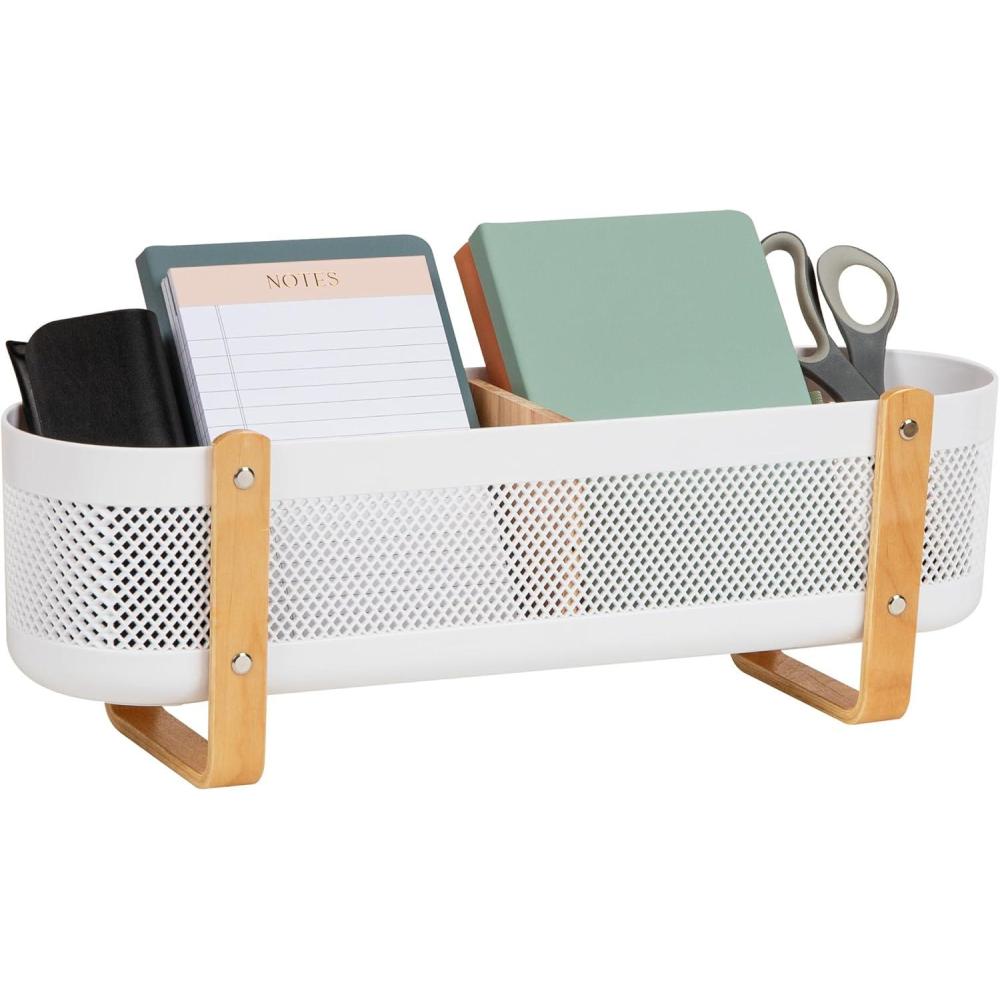 imageMind Reader Divided Storage Basket with Legs Accessory Holder Desktop Organization Office Plastic 1925L x 525W x 65H White and BrownStorage Basket with Legs