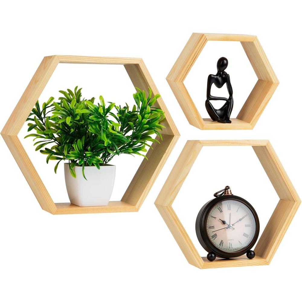 imageMind Reader Hexagon Floating Shelves Wall Decor Honeycomb Accent Shelf Office Metal Mesh 14 L x 4 W x 12 H Set of 3 WhiteBrown