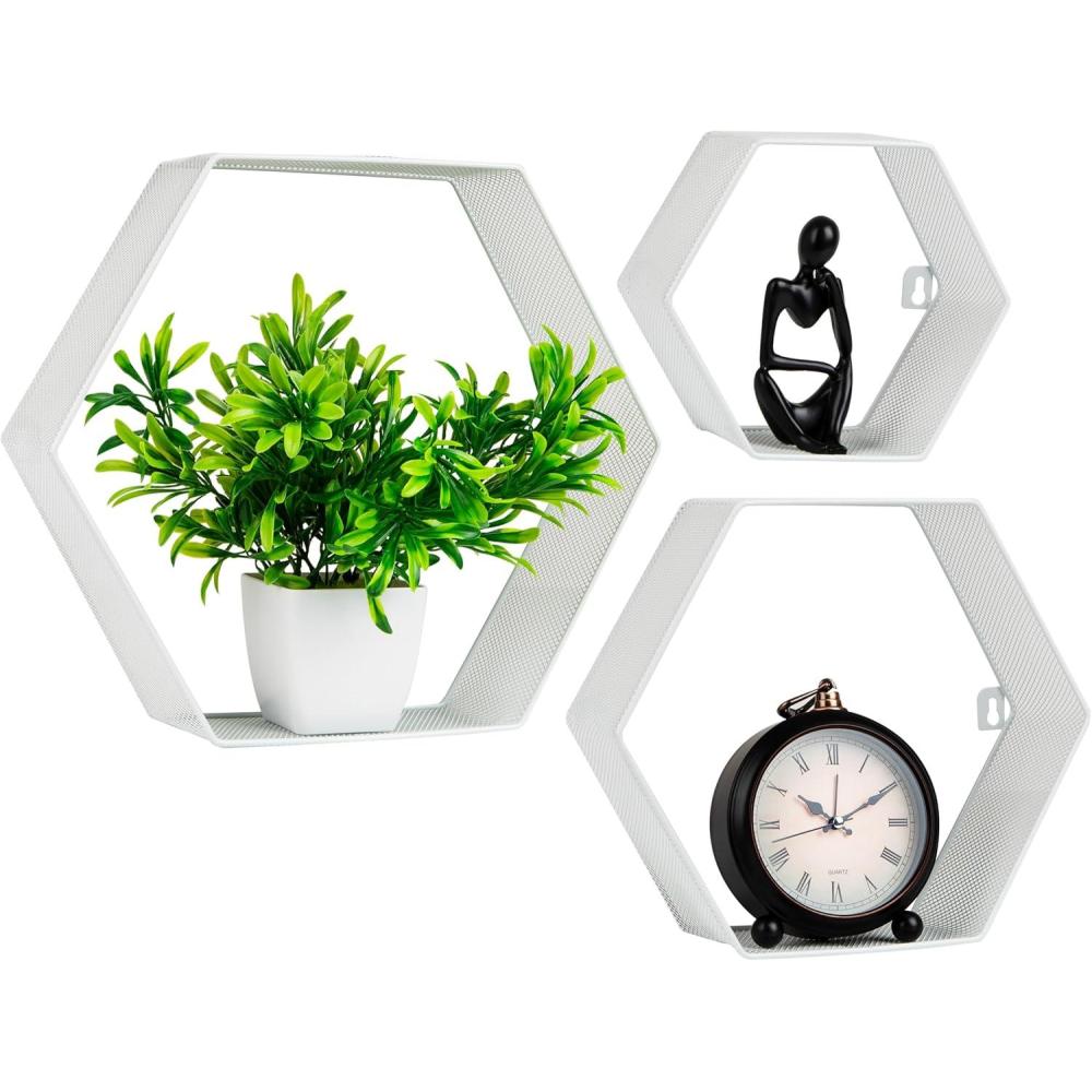 imageMind Reader Hexagon Floating Shelves Wall Decor Honeycomb Accent Shelf Office Metal Mesh 14 L x 4 W x 12 H Set of 3 WhiteWhite