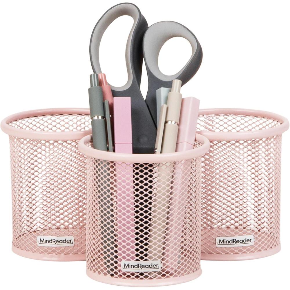 imageMind Reader Pen and Accessories Holder Desktop Organizer Office Metal Mesh 35L x 35W x 375H Set of 3 WhitePink