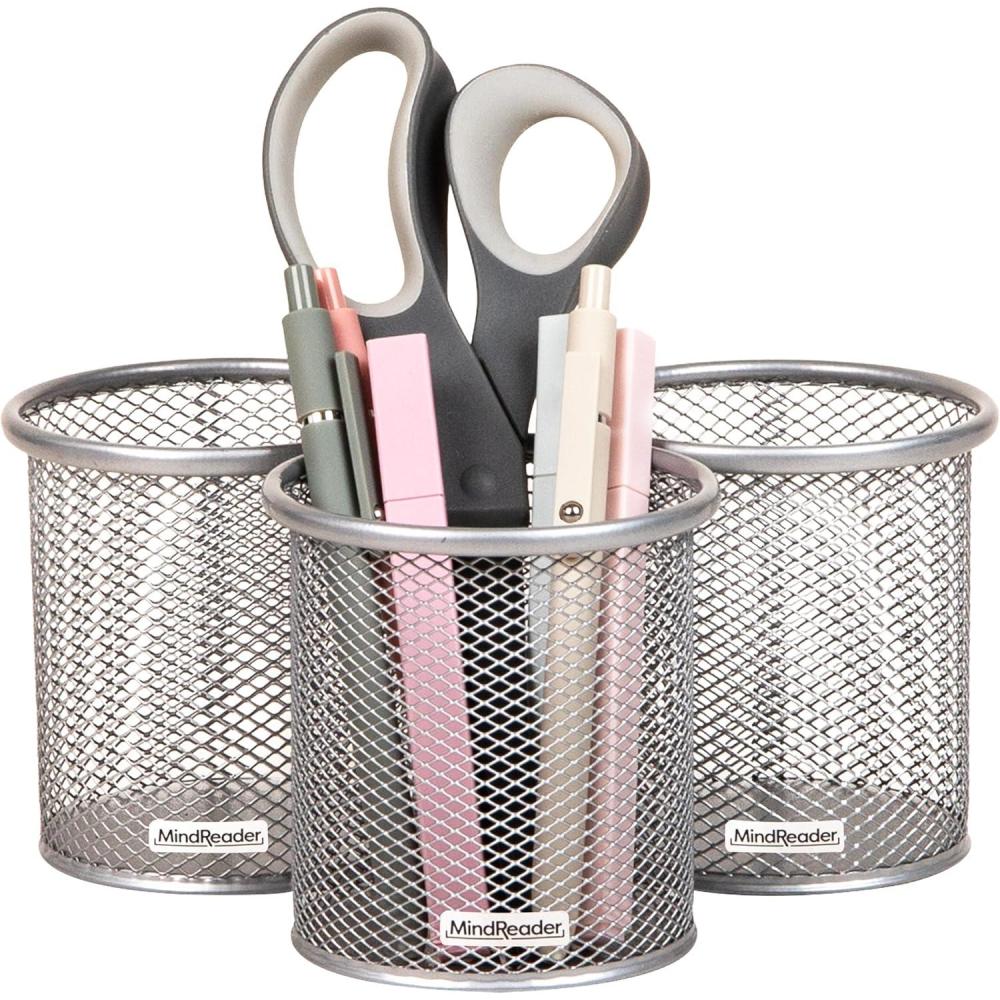 imageMind Reader Pen and Accessories Holder Desktop Organizer Office Metal Mesh 35L x 35W x 375H Set of 3 WhiteSilver