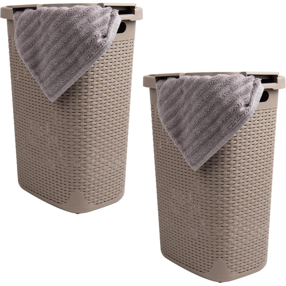 imageMind Reader Slim Laundry Hamper with Lid 60L Clothes Baskets Wicker Design Plastic 1765L x 1375W x 2415H 2Pack Tan