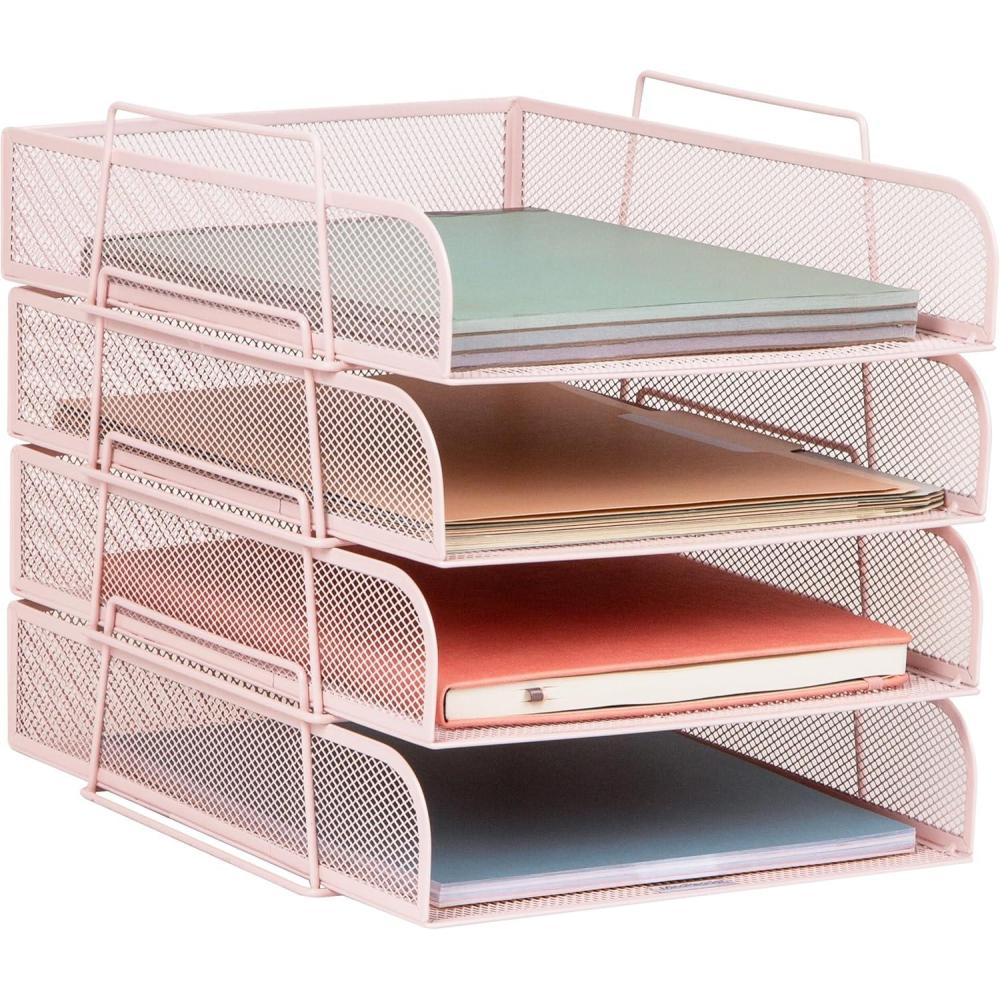 imageMind Reader Stackable Paper Tray Desktop Organizer File Storage Office Metal Mesh 105 L x 135 W x 1125 H 4 Pcs PinkPink