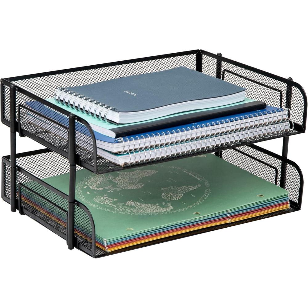 imageMind Reader Stackable Paper Tray Desktop Organizer File Storage Office Metal Mesh 135 L x 10 W x 725 H 2 Pcs WhiteBlack