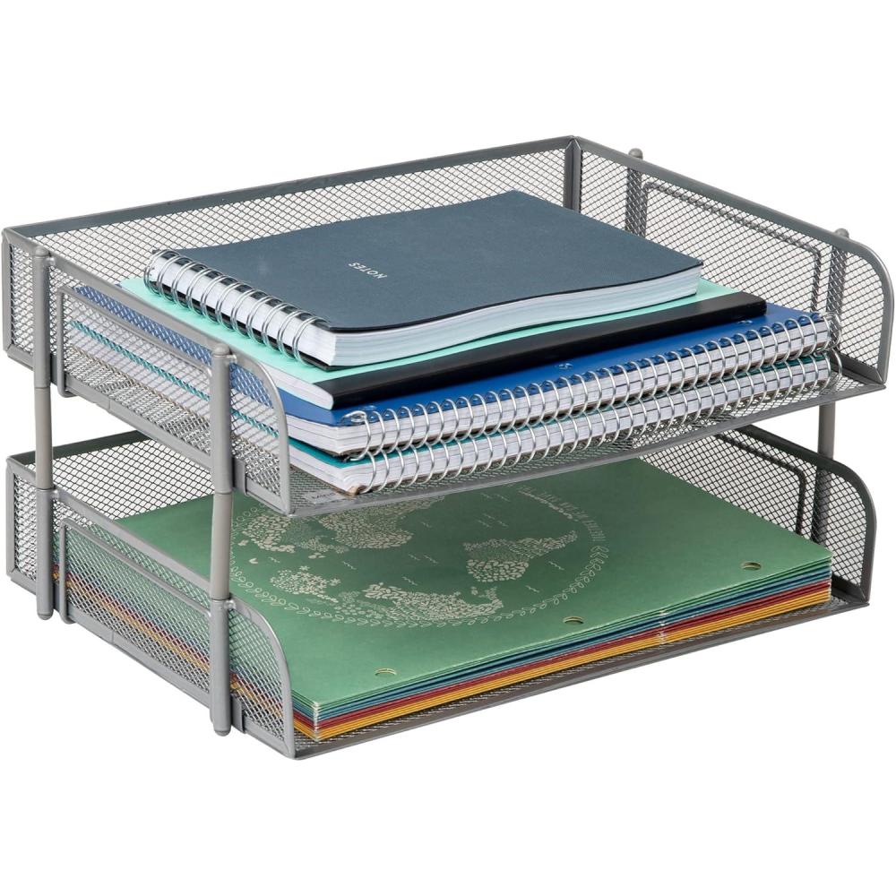 imageMind Reader Stackable Paper Tray Desktop Organizer File Storage Office Metal Mesh 135 L x 10 W x 725 H 2 Pcs WhiteSilver
