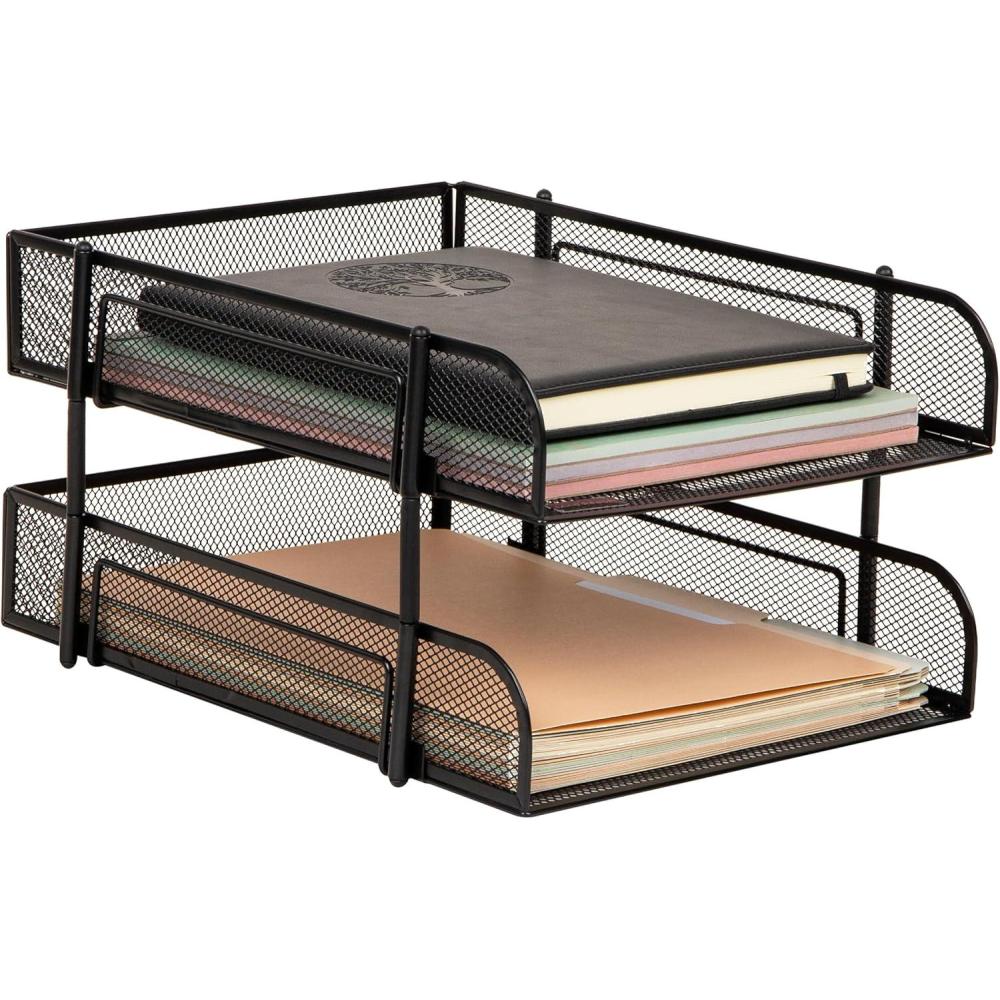 imageMind Reader Stackable Paper Tray Desktop Organizer File Storage Office Metal Mesh 2 Pcs PinkBlack
