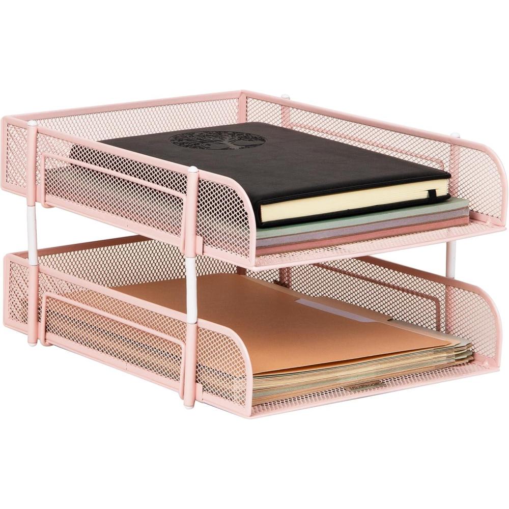 imageMind Reader Stackable Paper Tray Desktop Organizer File Storage Office Metal Mesh 2 Pcs PinkPink