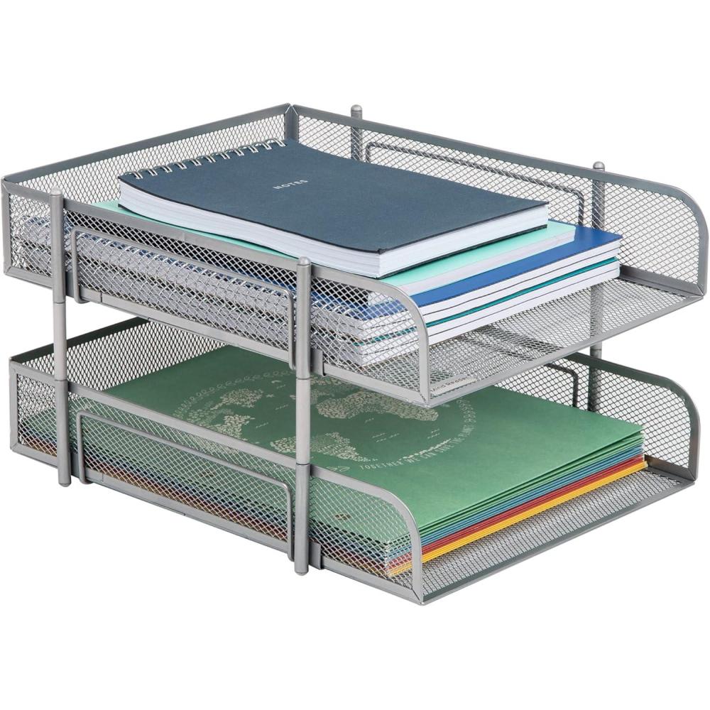imageMind Reader Stackable Paper Tray Desktop Organizer File Storage Office Metal Mesh 2 Pcs PinkSilver