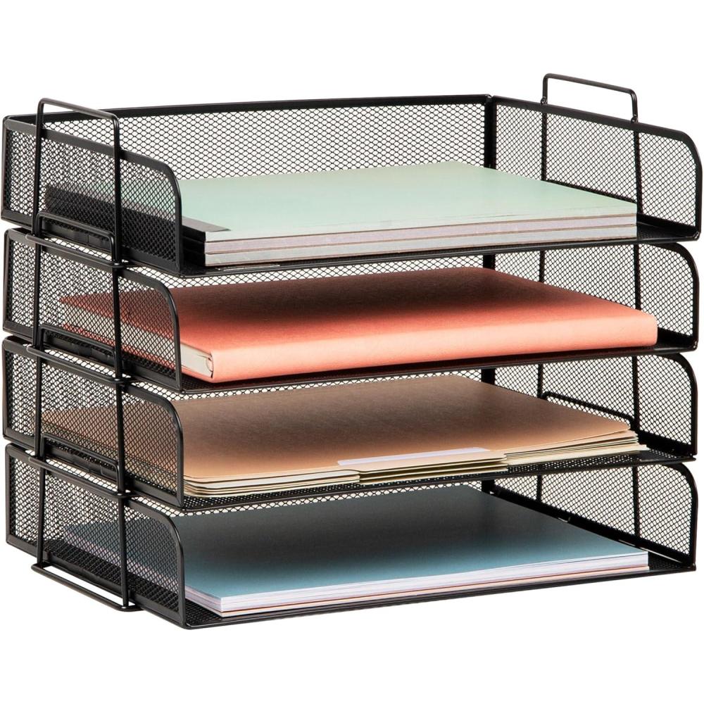 imageMind Reader Stackable Paper Tray Desktop Organizer File Storage Office Metal Mesh 4 Pcs PinkBlack