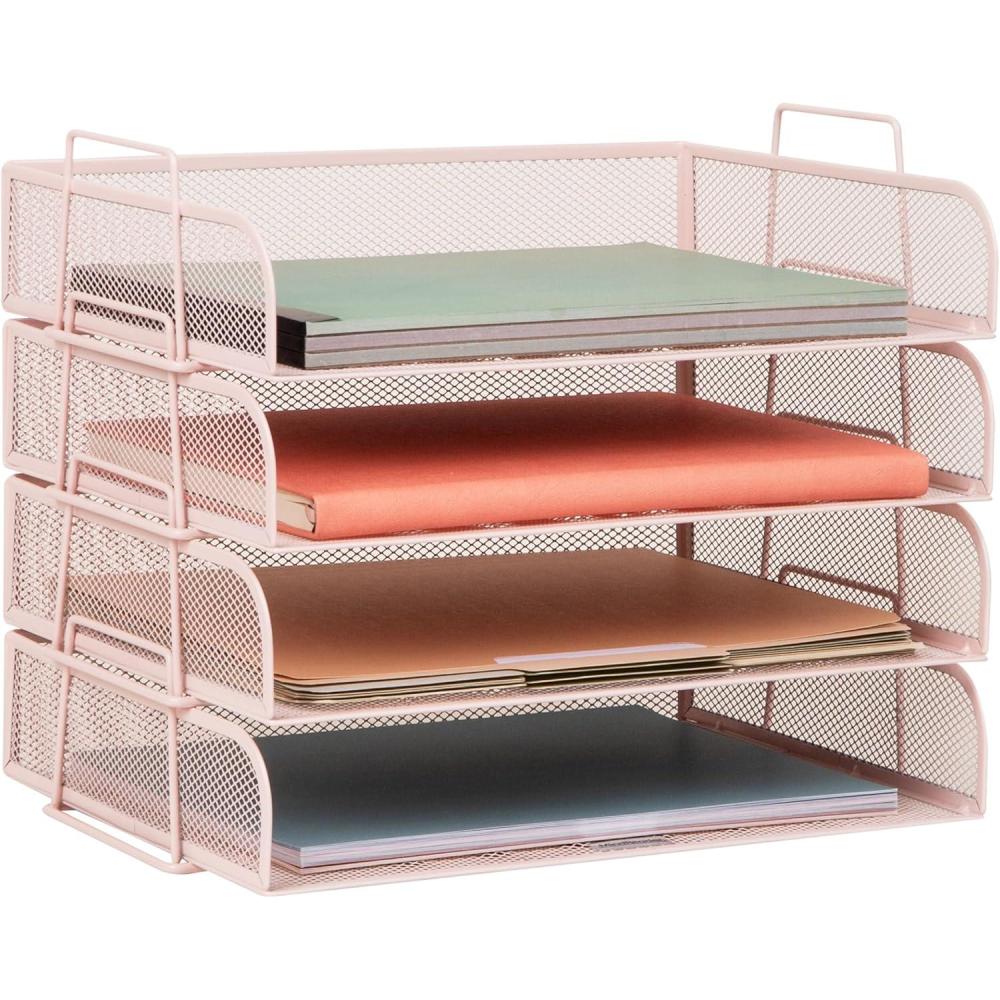 imageMind Reader Stackable Paper Tray Desktop Organizer File Storage Office Metal Mesh 4 Pcs PinkPink
