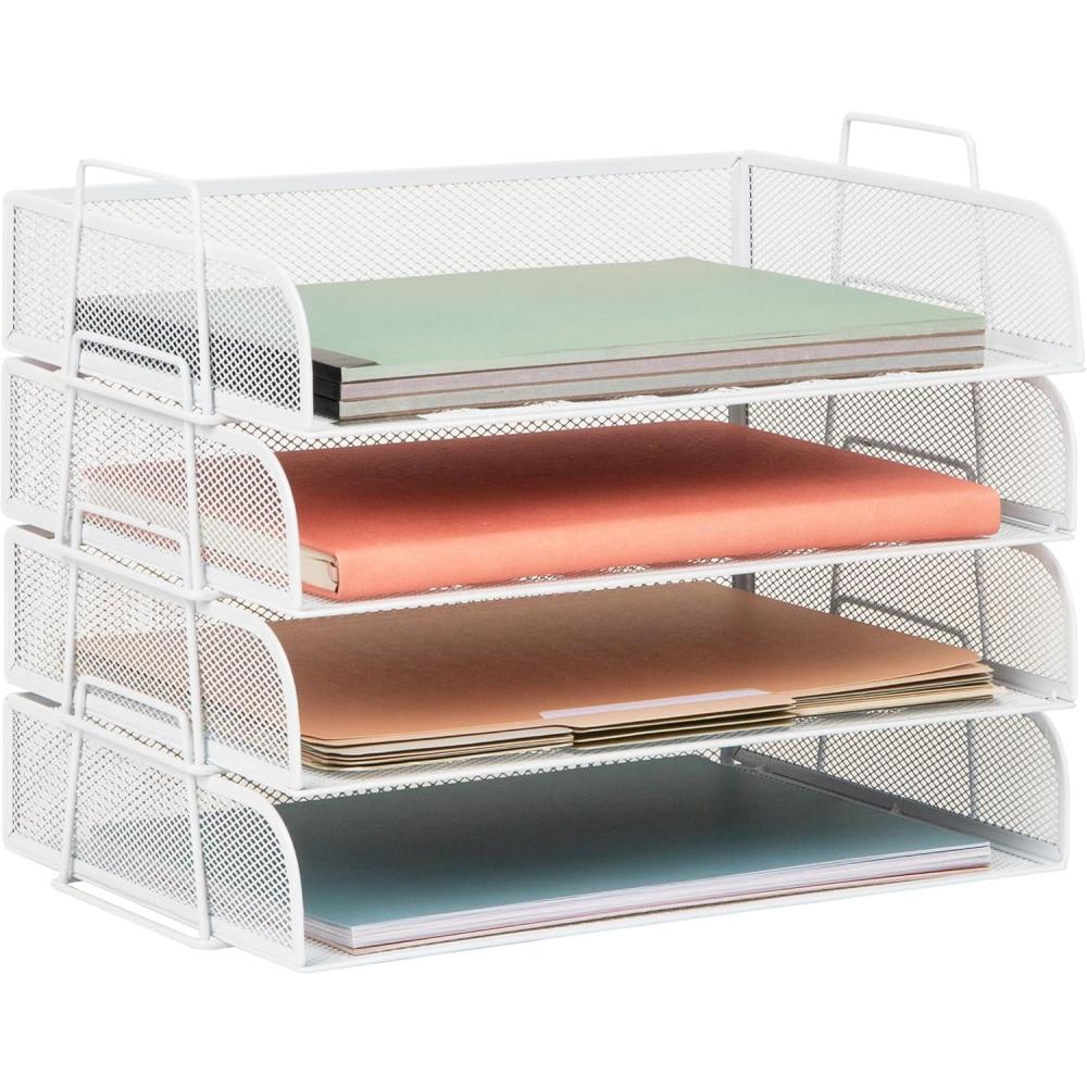 imageMind Reader Stackable Paper Tray Desktop Organizer File Storage Office Metal Mesh 4 Pcs PinkWhite