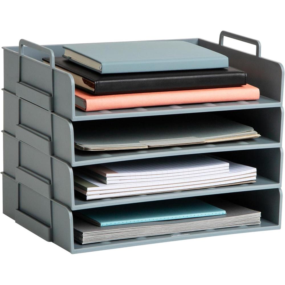 imageMind Reader Stackable Paper Tray Desktop Organizer File Storage Office Plastic 1375 L x 10 W x 1075 H 4 Pcs BlackGray