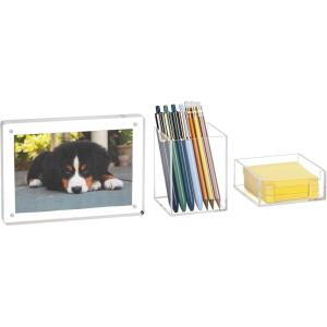 Mind Reader 3-Piece Desk Organizer Set, Pen Holder, Photo Frame and Sticky Note Tray, Desktop Organization, Office, Acrylic, Clear(Clear)