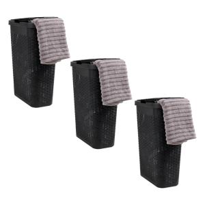 Mind Reader 40L Slim Laundry Hamper, Clothes Basket, Lid, Premium Wicker Design, Plastic, Set of 3, Black(Black)