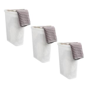 Mind Reader 40L Slim Laundry Hamper, Clothes Basket, Lid, Premium Wicker Design, Plastic, Set of 3, Black(White)