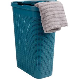 Mind Reader 40L Slim Laundry Hamper, Clothes Basket, Lid, Wicker Design, Plastic, 18″L x 10.4″W x 23.5″H, Blue