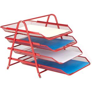 Mind Reader 4-Tier Paper Tray, Desktop Organizer, File Storage, Workspace, Office, Metal Mesh, 11.75″ L x 13.75″ W x 12.5″ H, Pink(Red)