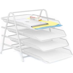 Mind Reader 4-Tier Paper Tray, Desktop Organizer, File Storage, Workspace, Office, Metal Mesh, 11.75″ L x 13.75″ W x 12.5″ H, Pink(White)
