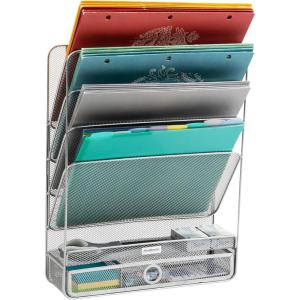 Mind Reader 4-Tier Vertical File Storage, Desktop Organizer, Wall Mount, Office, Metal Mesh, 12.5″L x 4″W x 16.5″H, Silver(Silver)