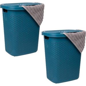 Mind Reader 50L Slim Laundry Hamper, Clothes Basket, Lid, Wicker Design, Plastic, 17.65″L x 13.75″W x 21″H, Set of 2, Pink(Blue)