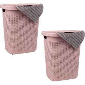 Mind Reader 50L Slim Laundry Hamper, Clothes Basket, Lid, Wicker Design, Plastic, 17.65″L x 13.75″W x 21″H, Set of 2, Pink(Pink)