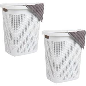 Mind Reader 50L Slim Laundry Hamper, Clothes Basket, Lid, Wicker Design, Plastic, 17.65″L x 13.75″W x 21″H, Set of 2, Pink(White)