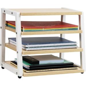 Mind Reader Divided Storage Basket with Legs, Accessory Holder, Desktop Organization, Office, Plastic, 19.25″L x 5.25″W x 6.5″H, White and Brown(4-Tier Desk Organizer)