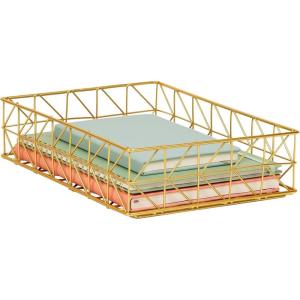Mind Reader Gold Geometric Paper Tray, Modern Organizer for Documents, Folders, and Office Supplies, Durable and Stylish, Metal, 10″ L x 12.25″ W x 2″ H, Gold(9.5″ x 12.8″ x 3.3″)
