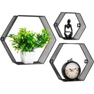 Mind Reader Hexagon Floating Shelves, Wall Decor, Honeycomb Accent Shelf, Office, Metal Mesh, 14″ L x 4″ W x 12″ H, Set of 3, White(Black)
