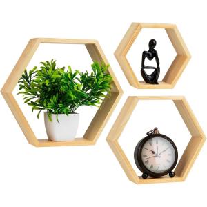 Mind Reader Hexagon Floating Shelves, Wall Decor, Honeycomb Accent Shelf, Office, Metal Mesh, 14″ L x 4″ W x 12″ H, Set of 3, White(Brown)