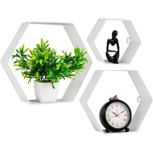 Mind Reader Hexagon Floating Shelves, Wall Decor, Honeycomb Accent Shelf, Office, Metal Mesh, 14″ L x 4″ W x 12″ H, Set of 3, White(White)