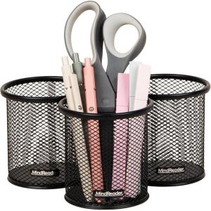 Mind Reader Pen and Accessories Holder, Desktop Organizer, Office, Metal Mesh, 3.5″L x 3.5″W x 3.75″H, Set of 3, White(Black)