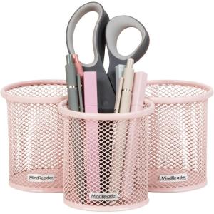 Mind Reader Pen and Accessories Holder, Desktop Organizer, Office, Metal Mesh, 3.5″L x 3.5″W x 3.75″H, Set of 3, White(Pink)
