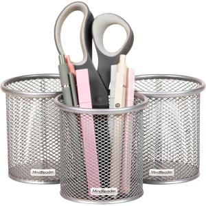 Mind Reader Pen and Accessories Holder, Desktop Organizer, Office, Metal Mesh, 3.5″L x 3.5″W x 3.75″H, Set of 3, White(Silver)