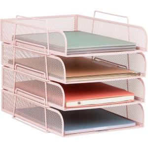 Mind Reader Stackable Paper Tray, Desktop Organizer, File Storage, Office, Metal Mesh, 10.5″ L x 13.5″ W x 11.25″ H, 4 Pcs., Pink(Pink)
