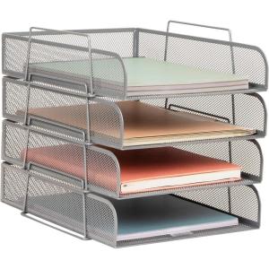Mind Reader Stackable Paper Tray, Desktop Organizer, File Storage, Office, Metal Mesh, 10.5″ L x 13.5″ W x 11.25″ H, 4 Pcs., Pink(Silver)