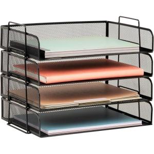 Mind Reader Stackable Paper Tray, Desktop Organizer, File Storage, Office, Metal Mesh, 4 Pcs., Pink(Black)