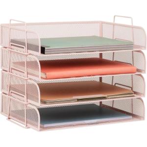 Mind Reader Stackable Paper Tray, Desktop Organizer, File Storage, Office, Metal Mesh, 4 Pcs., Pink(Pink)