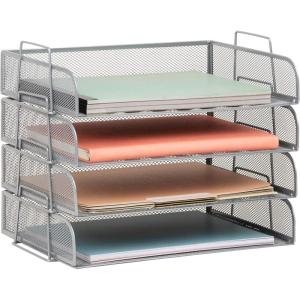 Mind Reader Stackable Paper Tray, Desktop Organizer, File Storage, Office, Metal Mesh, 4 Pcs., Pink(Silver)