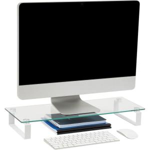 Mind Reader Monitor Stand, Contemporary, Desktop Organizer, Laptop Riser, Office, Glass, 22″L x 8.25″W x 3″H, Clear