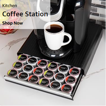 Mind Reader cup and condiment rack, countertop storage rack, coffee bar, kitchen, stirring sticks, black