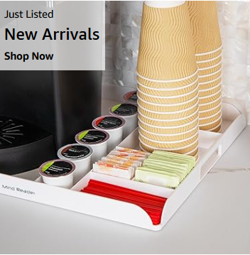 Mind Reader cup and condiment rack, countertop storage rack, coffee bar, kitchen, stirring sticks, black