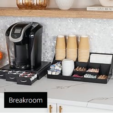 Mind Reader cup and condiment rack, countertop storage rack, coffee bar, kitchen, stirring sticks, black