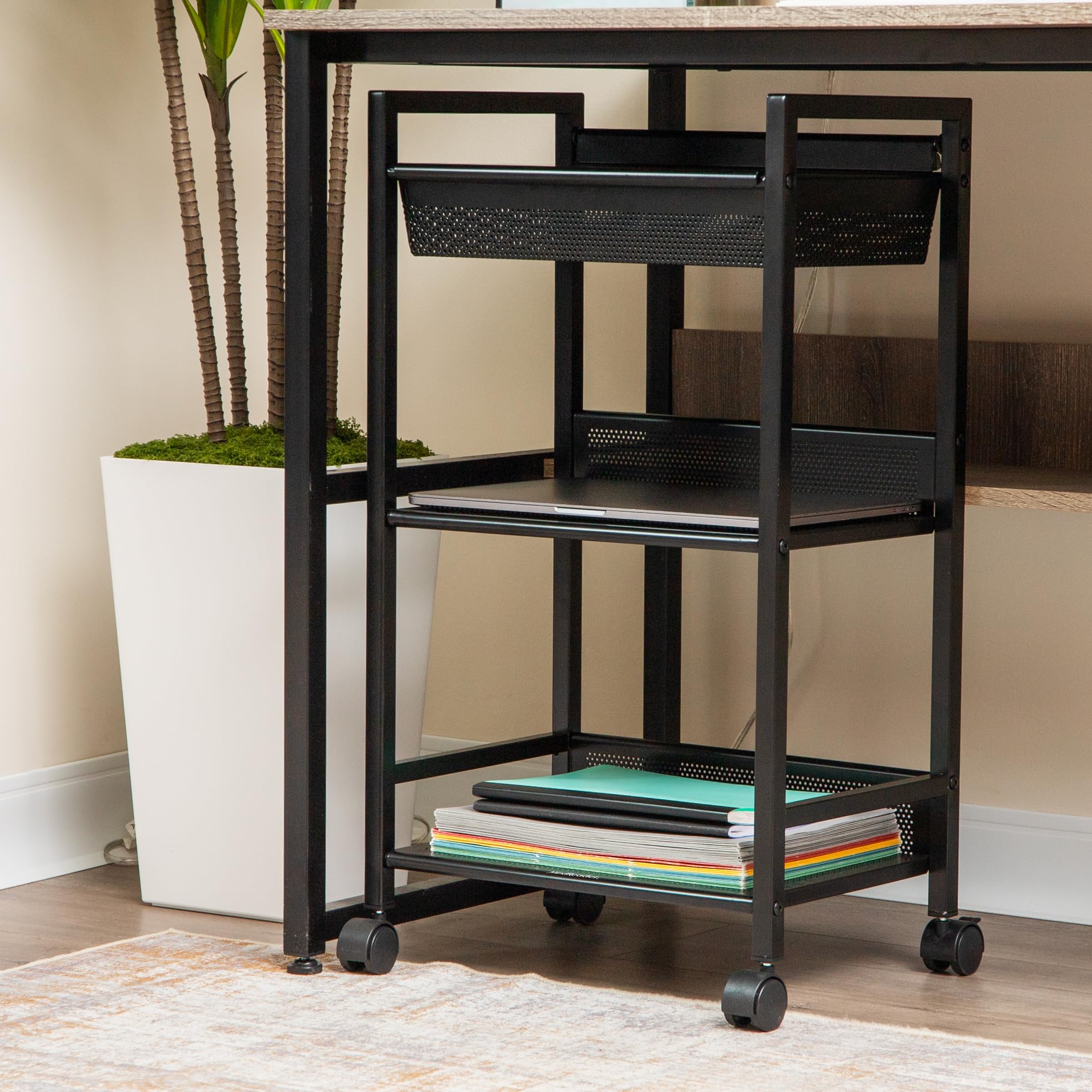 Mind Reader cup and condiment rack, countertop storage rack, coffee bar, kitchen, stirring sticks, black