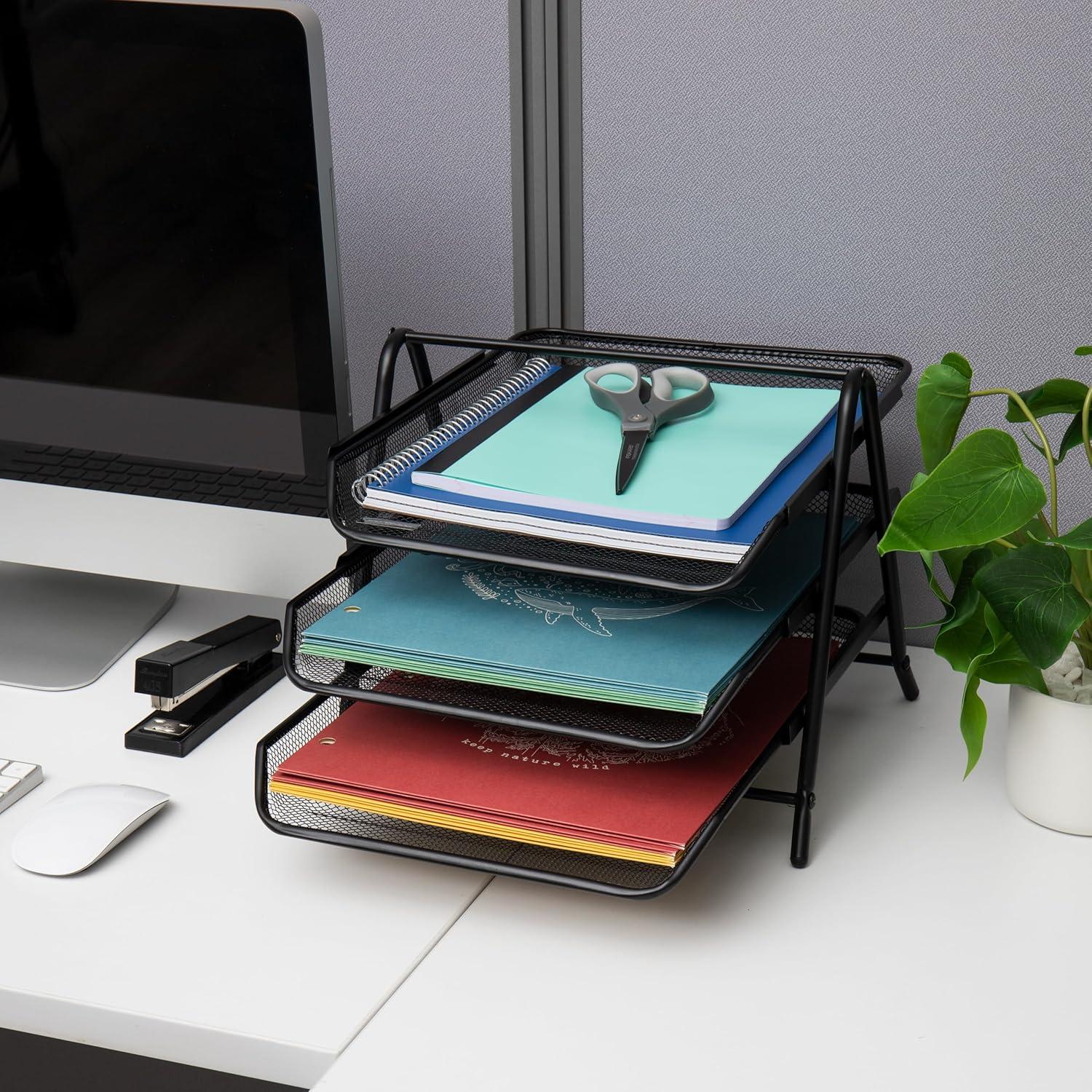 imageMind Reader 3Tier Paper Tray Desktop Organizer File Storage Workspace Office Metal Mesh 1175L x 1375W x 10H BlackBlack