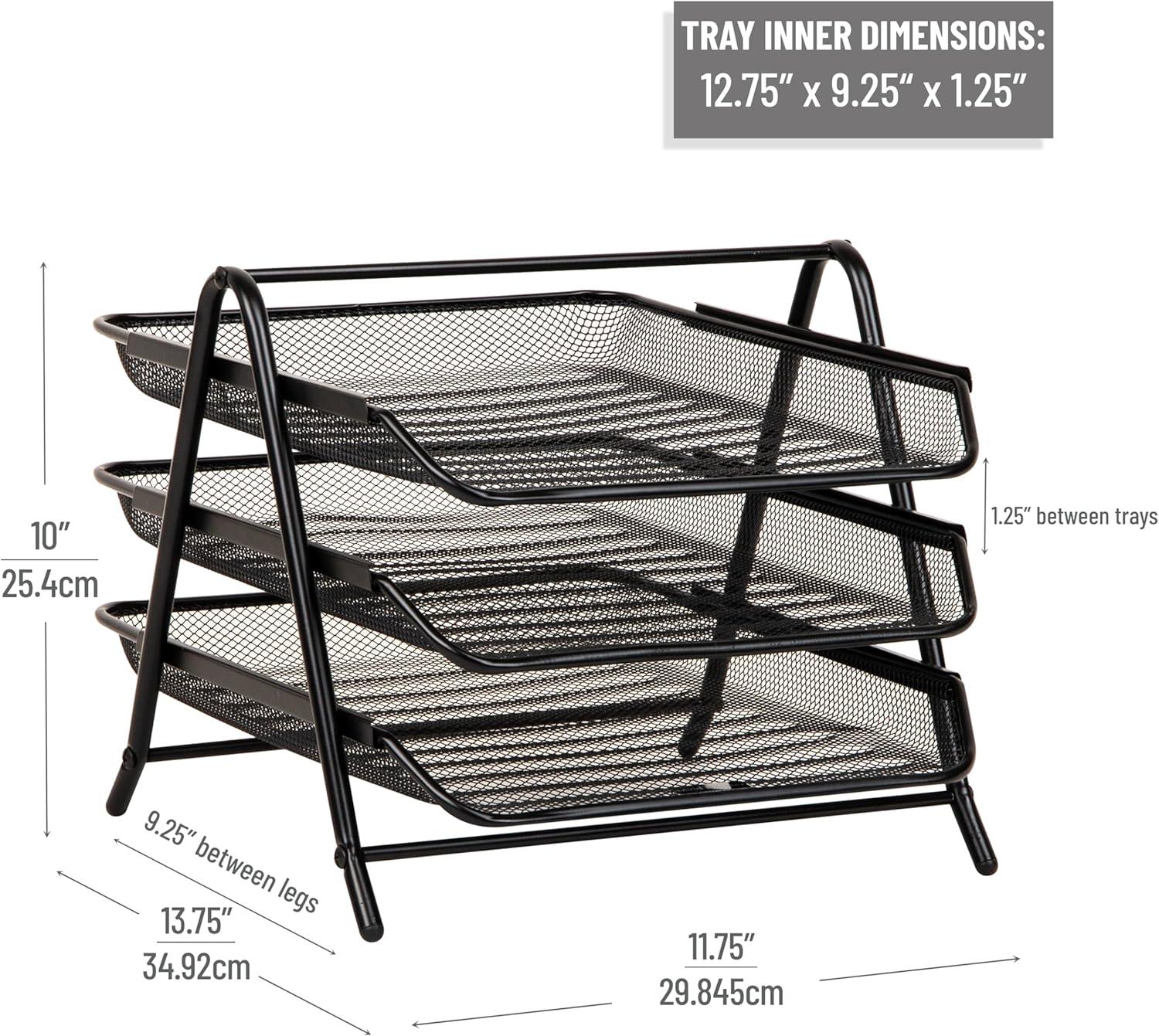 imageMind Reader 3Tier Paper Tray Desktop Organizer File Storage Workspace Office Metal Mesh 1175L x 1375W x 10H BlackBlack