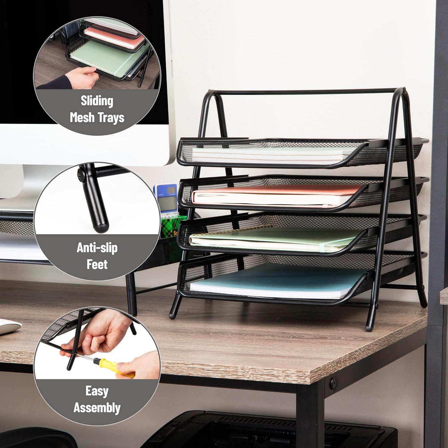 imageMind Reader 4Tier Paper Tray Desktop Organizer File Storage Workspace Office Metal Mesh 12L x 1375W x 125H BlackBlack