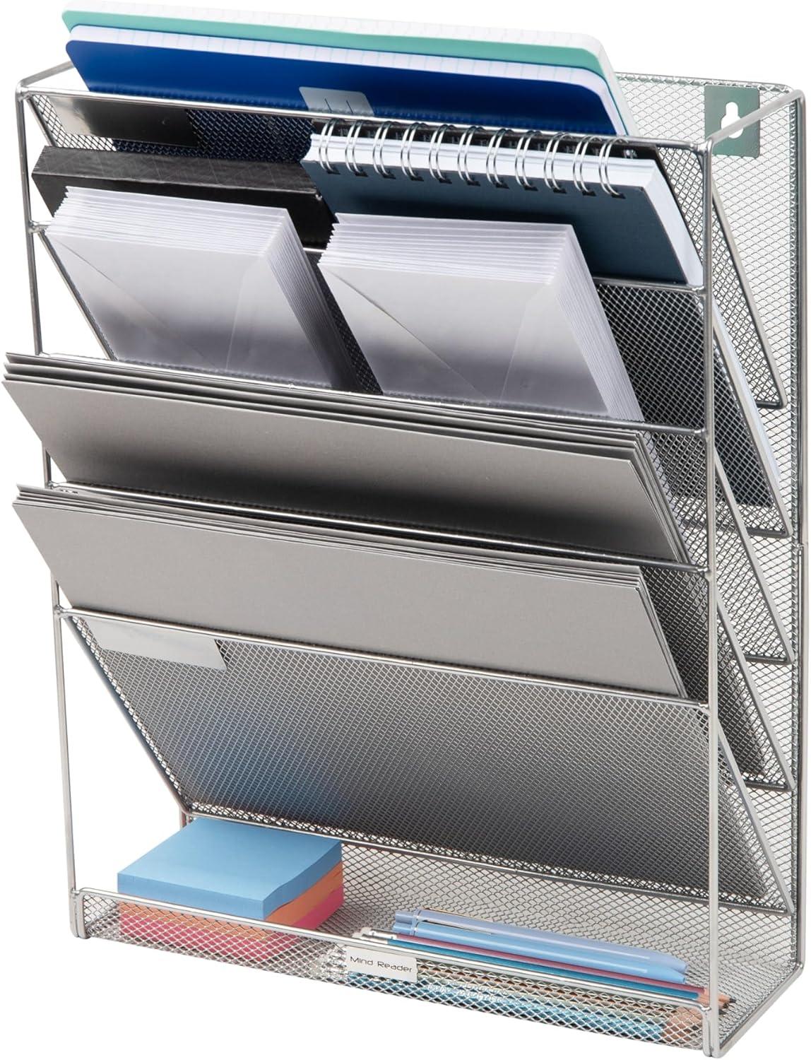 imageMind Reader 5Pocket Vertical File Storage Desktop Organizer Wall Mount Office Metal Mesh PinkSilver
