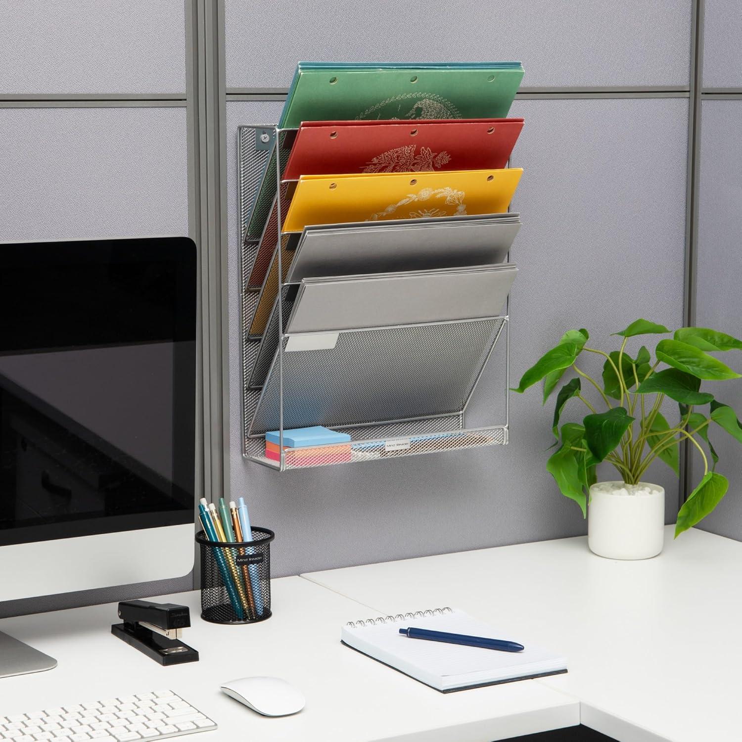 imageMind Reader 5Pocket Vertical File Storage Desktop Organizer Wall Mount Office Metal Mesh PinkSilver